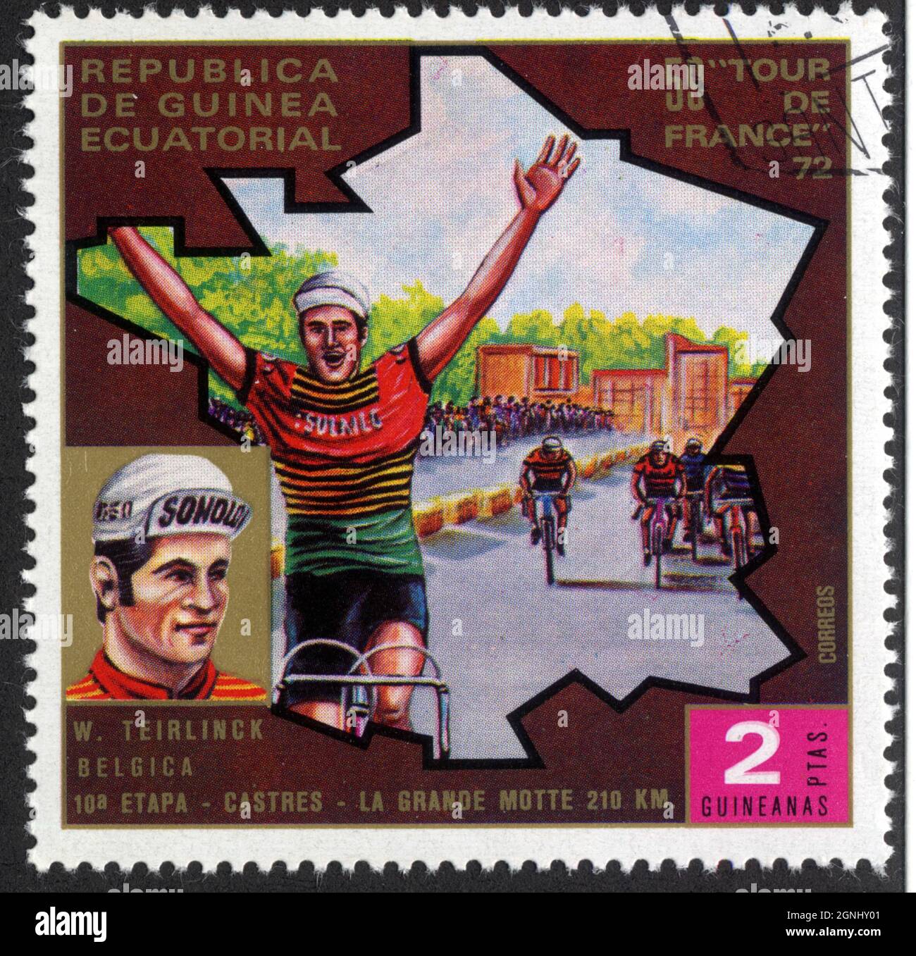Timbre Republica de Guinea Ecuatorial, 59 Tour de France 72, W.Teirlinck, Belgica,10a etapa - Castres-La Grande Motte 210 km,Correos, 2 Ptas Guineanas Stock Photo