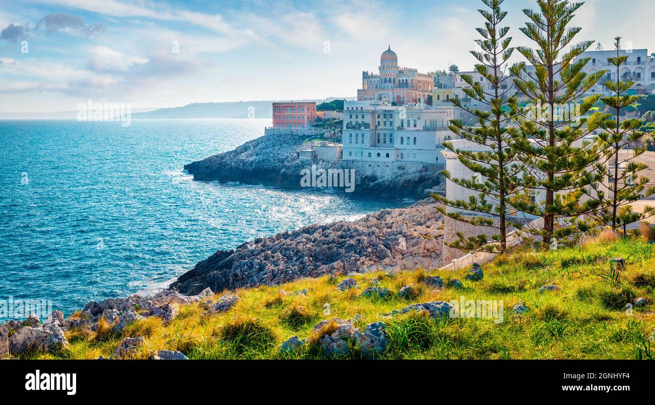 Panoramic spring cityscape of Santa Cesarea Terme - town and comune in the province of Lecce, Apulia, southern Italy, europe. Superb afternoon seascap Stock Photo