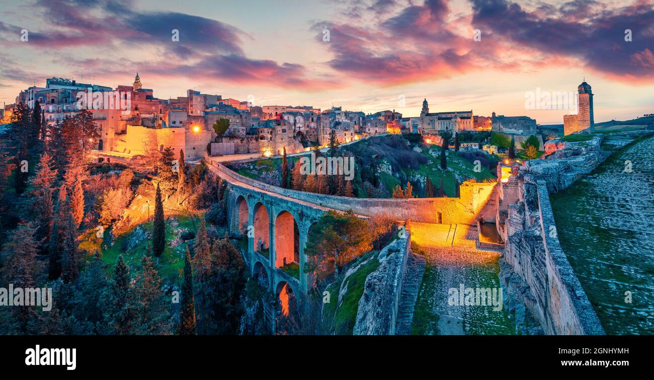 Incredible spring dawn on Gravina in Puglia tovn. Wonderful morning landscape of Apulia, Italy, Europe. Traveling concept background. Stock Photo