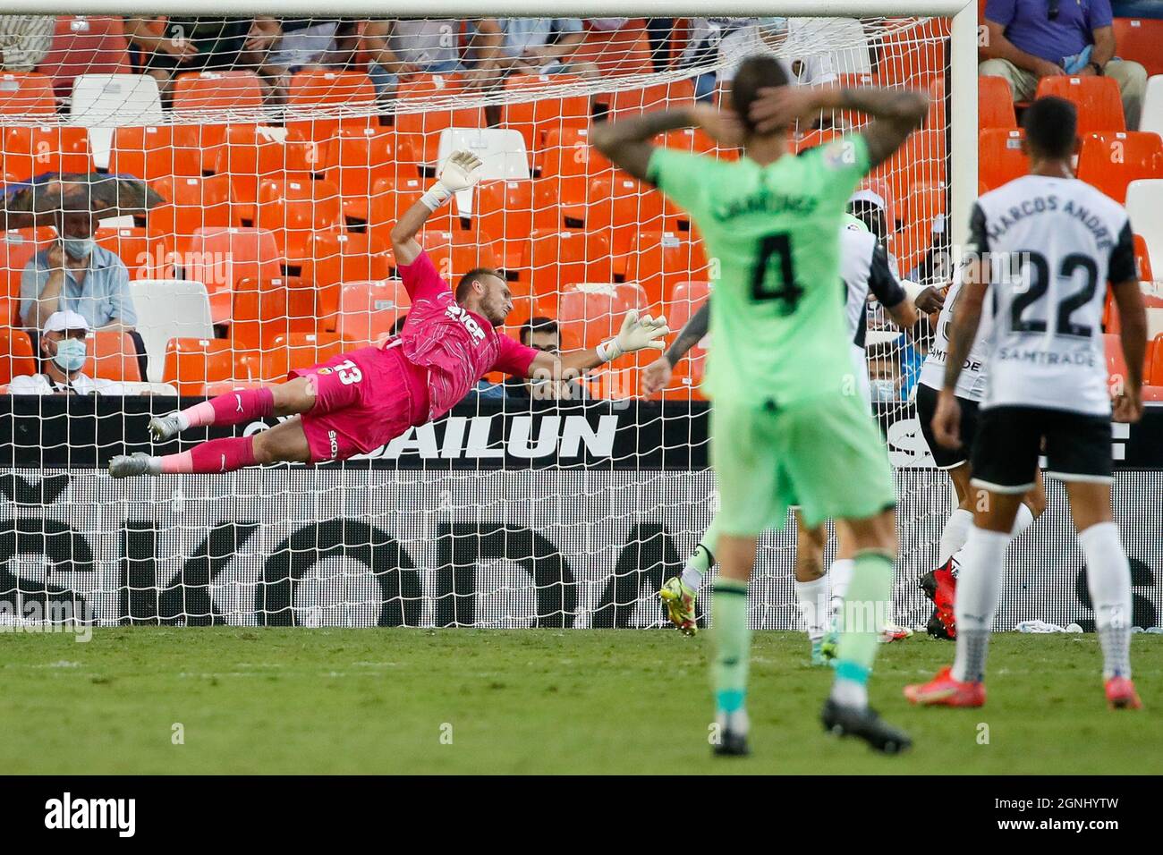 Jasper Cillessen of Valencia CF in action during the La Liga match between Valencia CF and Athletic Club at Mestalla Stadium in Valencia, Spain. Stock Photo