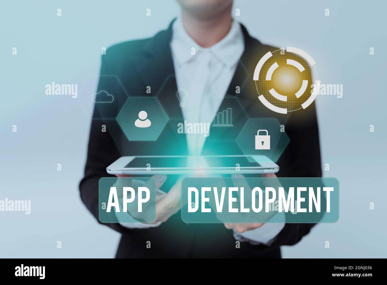 Text caption presenting App Development. Internet Concept Development services for awesome mobile and web experiences Lady In Uniform Holding Phone Stock Photo