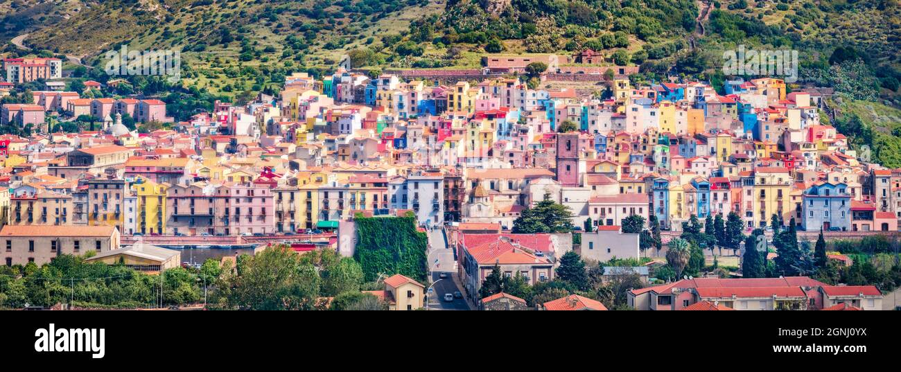 Panoramic morning cityscape of Bosa town, Province of Oristano, Italy, Europe. Colorful summer scene of Sardinia. Architecture traveling background. Stock Photo