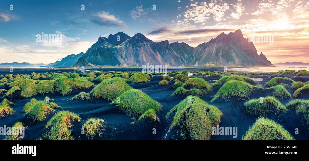 Panoramic view from flying drone of black sand dunes on Stokksnes cape with  Vestrahorn (Batman Mountain) on background. Impressive sunrise in Iceland  Stock Photo - Alamy