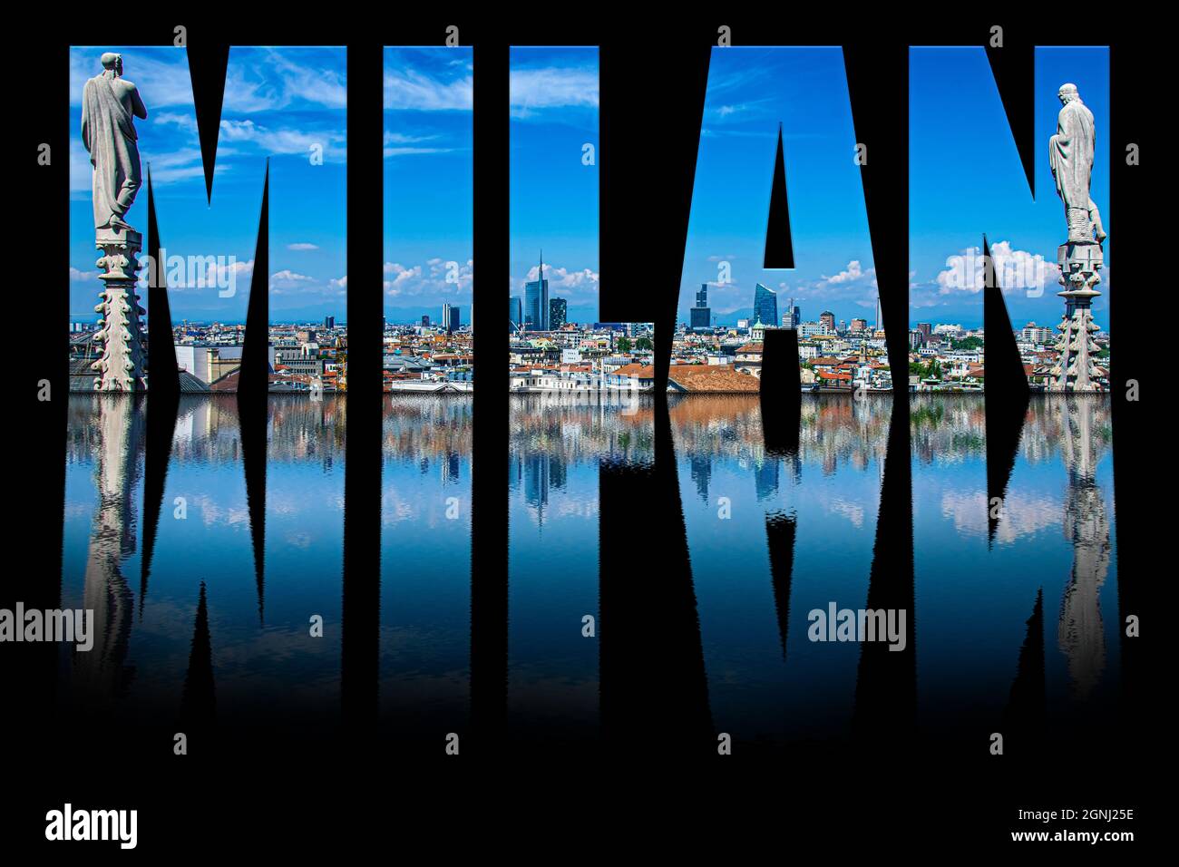 Milan text composed of Milan skyline on black background with text reflection in water. View from Milan Cathedral roof. Milan skyline. Stock Photo