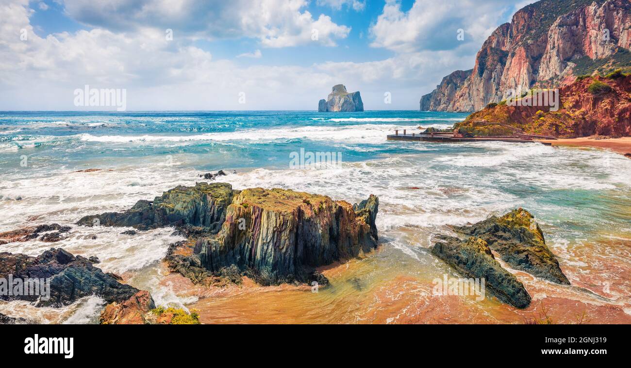 Captivating summer view of popular tourist destination - Concali Su Terrainu. Windy morning scene of Sardinia island, Italy, Europe. Stunning seascape Stock Photo