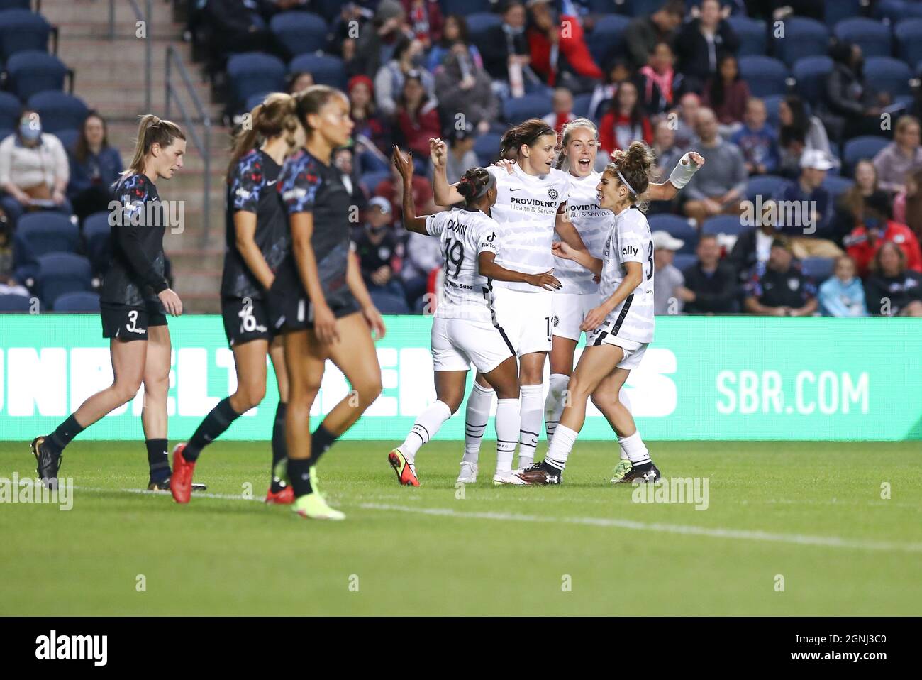 Portland Thorns FC midfielder Celeste Boureille (30) celebrates a goal with her teammates during a NWSL match against the Chicago Red Stars at SeatGee Stock Photo