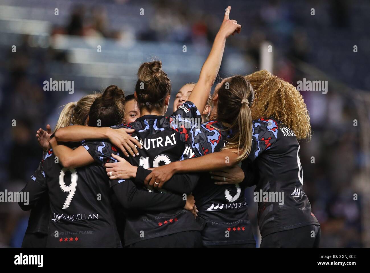 Chicago Red Stars midfielder Morgan Gautrat (13) points while celebrating a goal during a NWSL match against the Portland Thorns FC at SeatGeek Stadiu Stock Photo