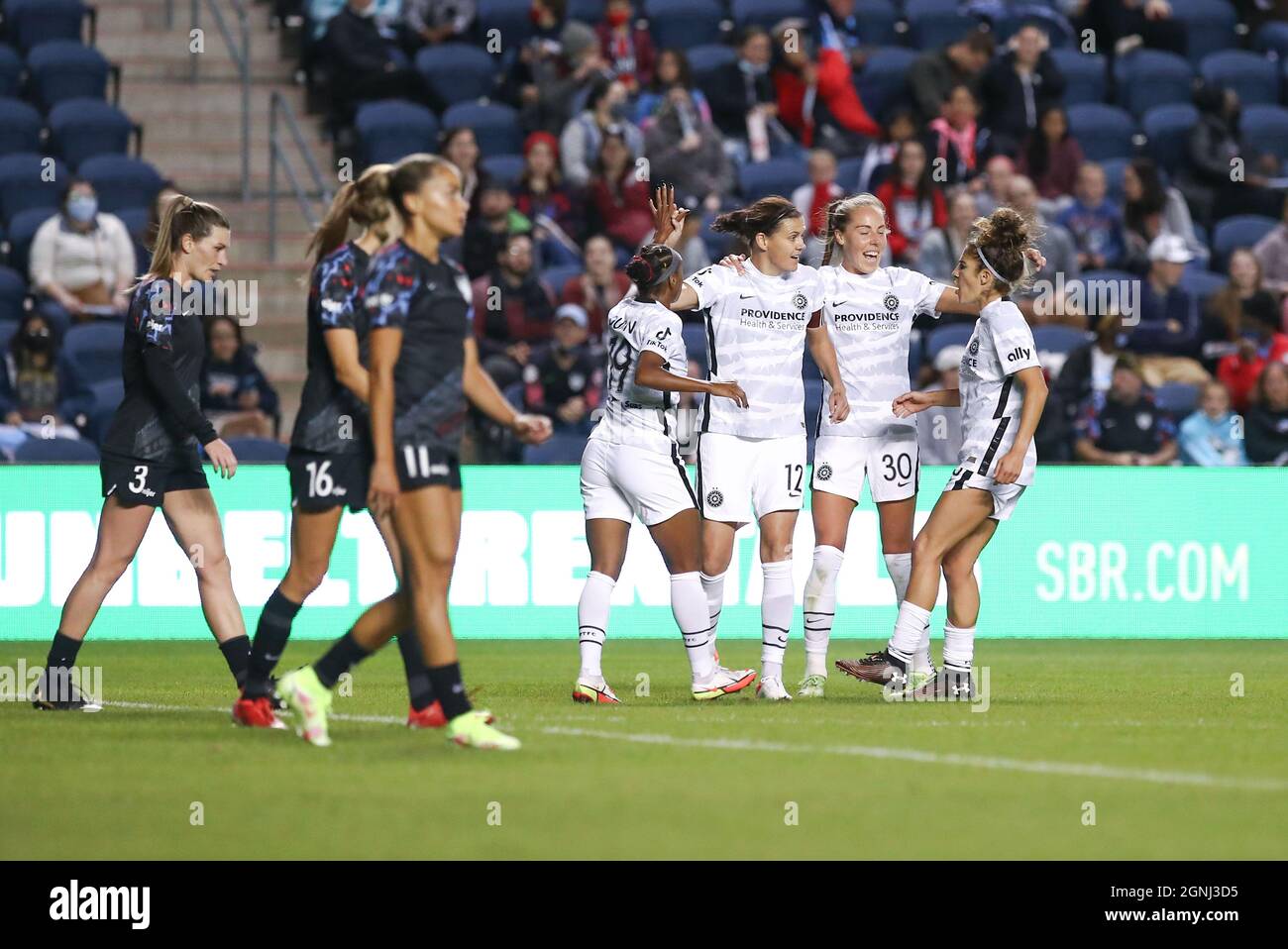Portland Thorns FC midfielder Celeste Boureille (30) celebrates a goal with her teammates during a NWSL match against the Chicago Red Stars at SeatGee Stock Photo