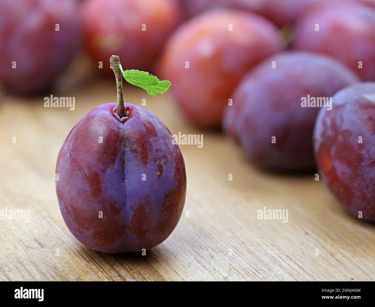 Fresh purple plum with green leaf on wooden table with plums in background Stock Photo