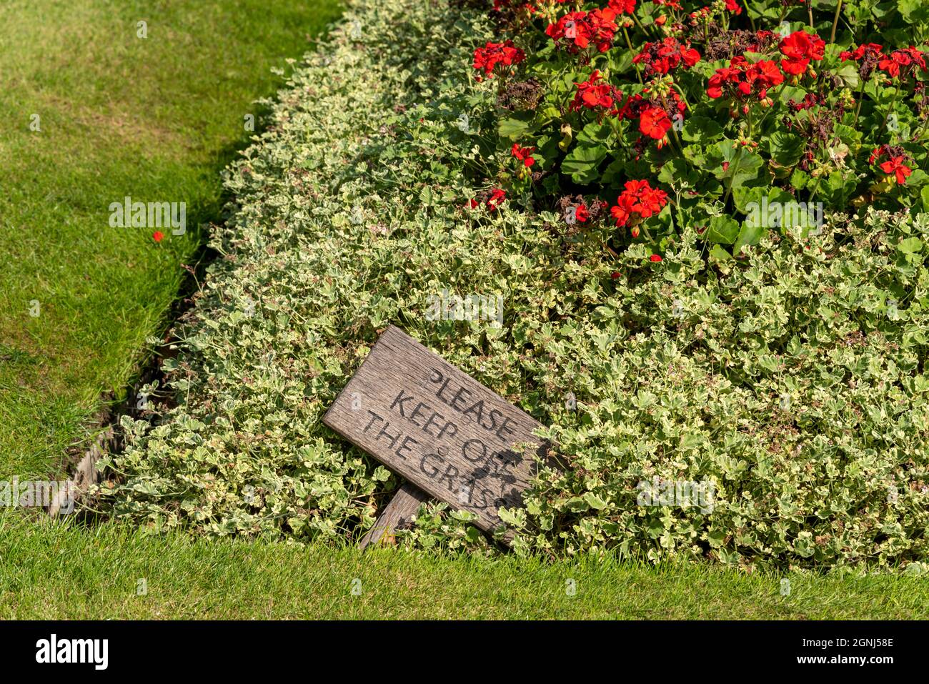 Buckingham Palace Memorial Gardens, with please keep off the grass sign, fallen over. Flower bed and lawn outside Buckingham Palace, London, UK Stock Photo
