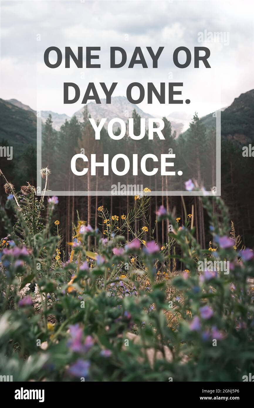 Inspirational and motivational quote. One day or day one. Your choice.  Background with landscape Stock Photo - Alamy
