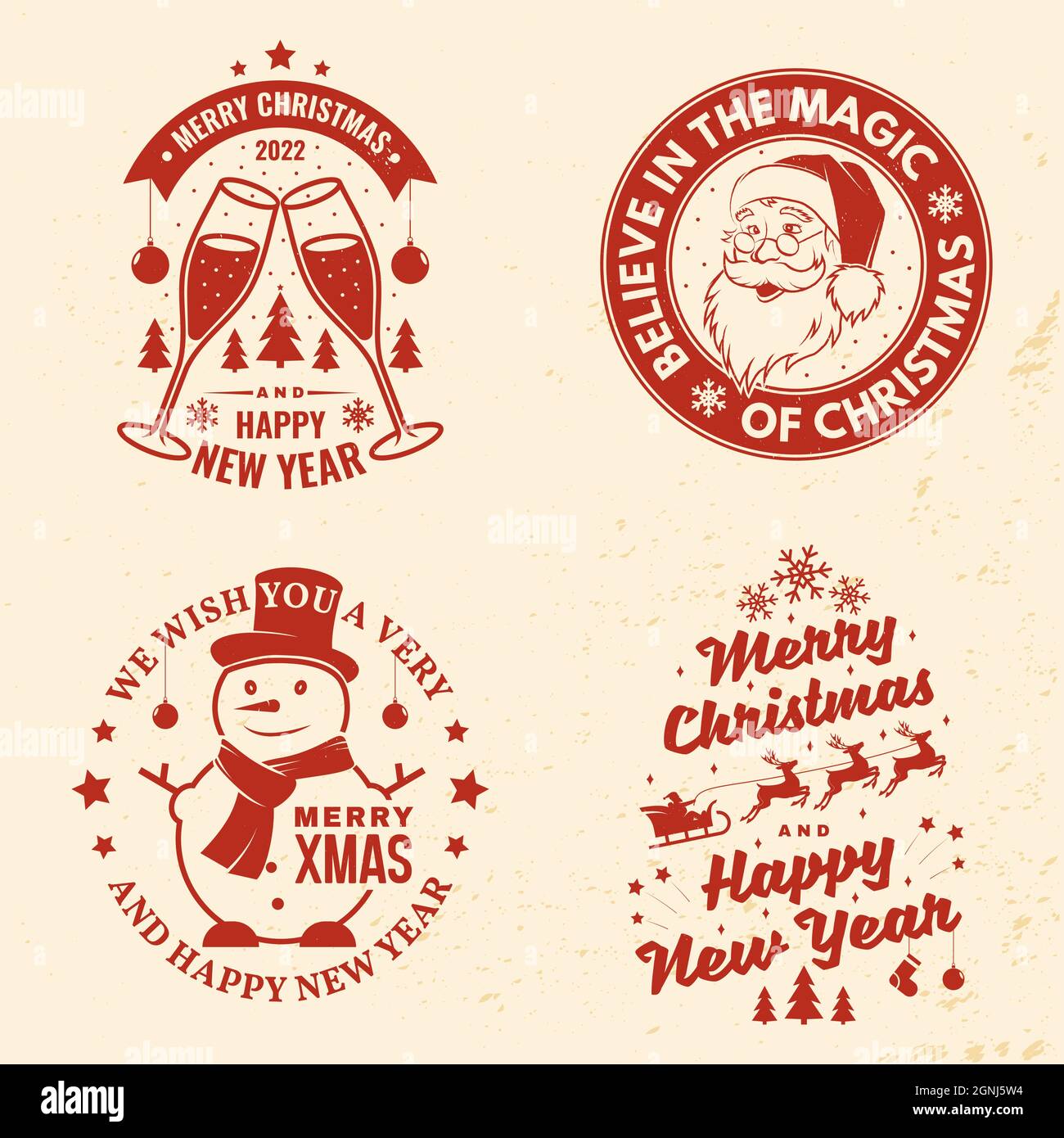 Set of Merry Christmas and Happy New Year stamp, sticker with glasses of champagne, silhouette of Santa Claus face, snowman, sleigh with deer. Vector Stock Vector