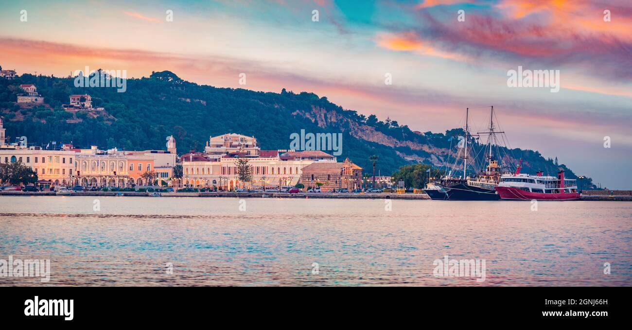 Splendid summer cityscape of Zakynthos port. Marvelous evening view of Zakynthos' Museum, Ionian Sea, Greece, Europe. Traveling concept background. Stock Photo