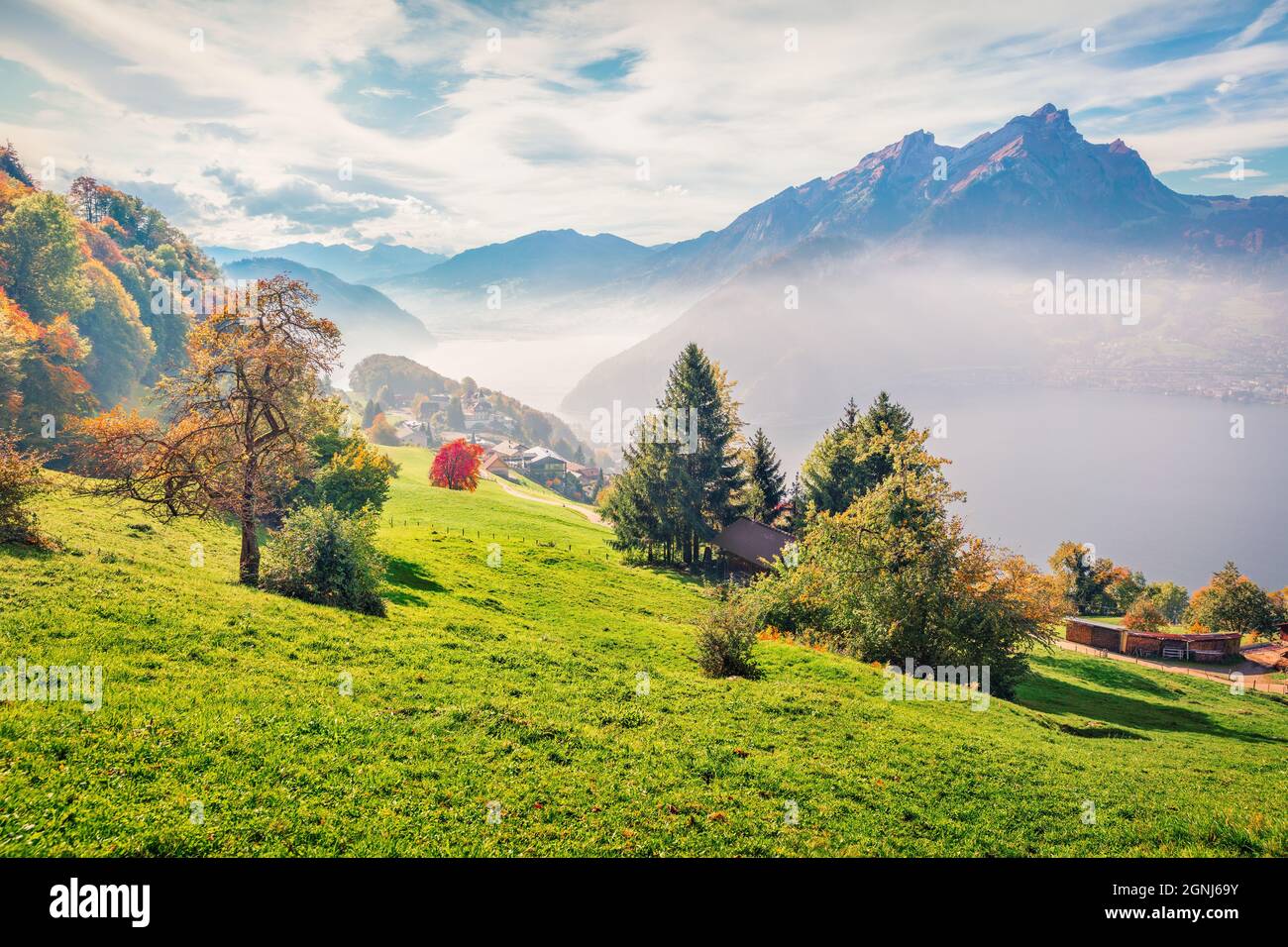 Exciting morning view of outskirts of  Stansstad town, Switzerland, Europe. Breathtaking autumn scene of  Lucerne lake. Attractive landscape of Swiss Stock Photo