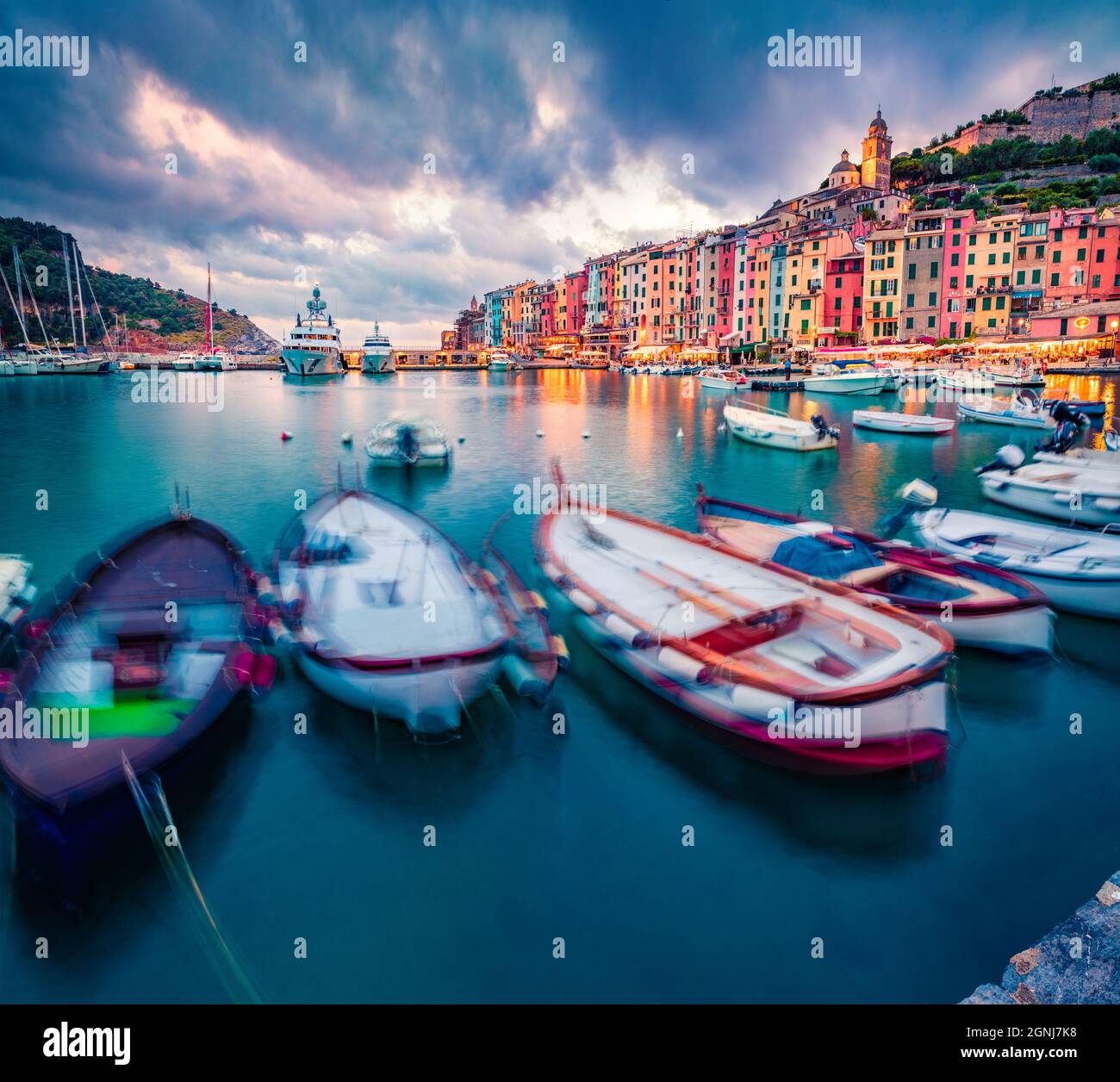 Dramatic summer sunset on Portovenere town. Fantastic evening seascape