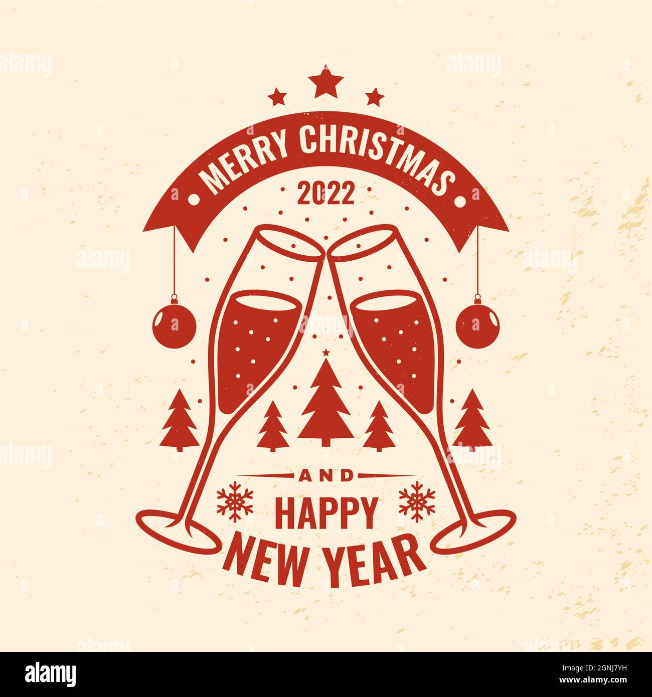 Merry Christmas and 2022 Happy New Year stamp, sticker set with glasses of champagne and christmas tree, ball, snowflakes. Vector. Vintage typography Stock Vector