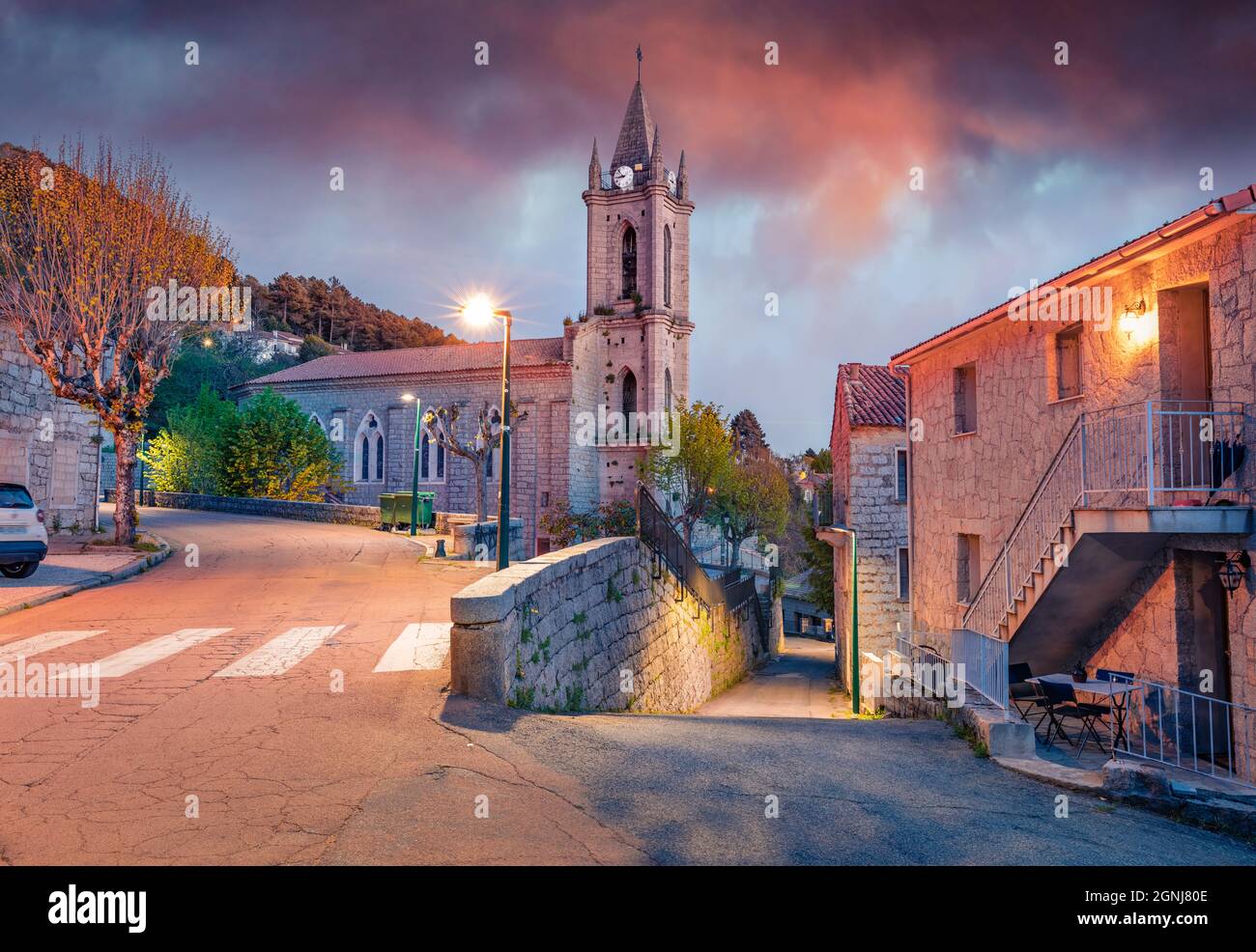 Colorful evening cityscape of Zonza town, commune in the Corse-du-Sud department of France. Captivating summer sunset on Corsica island, France, Europ Stock Photo