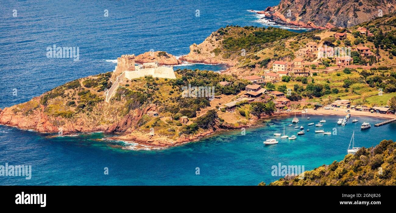 View from flying drone of Port de Girolata - place, where you can't get by  car. Colorful summer scene of Corsica island, France, Europe. Panoramic Med  Stock Photo - Alamy