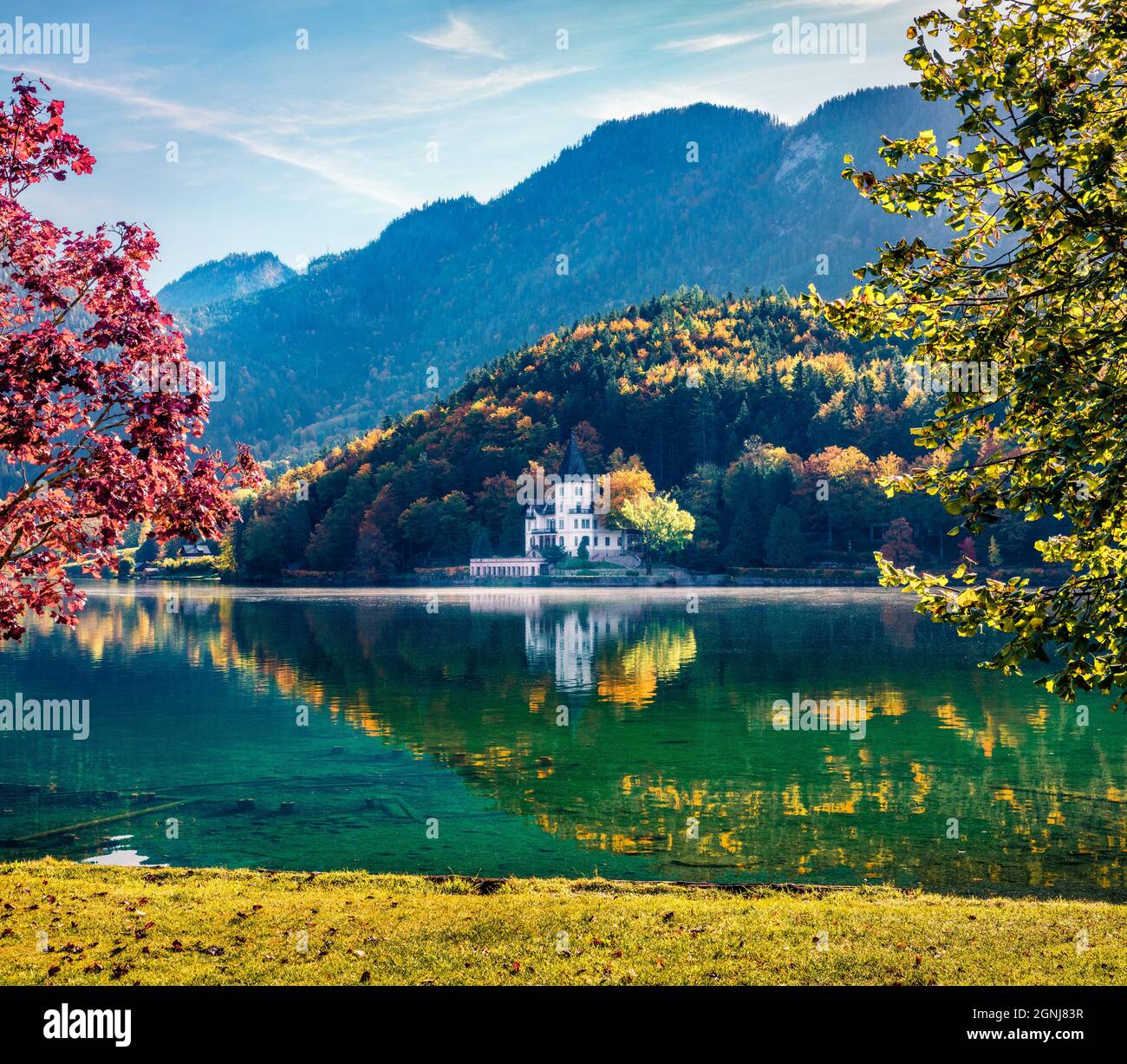 Picturesque morning scene of Grundlsee lake. Calm autumn view of Eastern Alps, Liezen District of Styria, Austria, Europe. Traveling concept backgroun Stock Photo