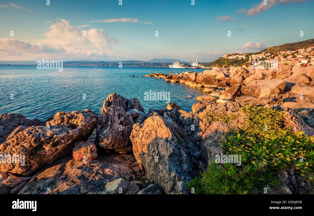 Astonishing morning view of Pilos town, Greece, Europe. Colorful summer seascape Ionian Sea. Traveling concept background. Stock Photo