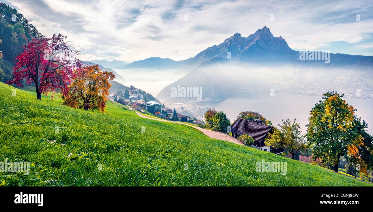 Panoramic morning view of outskirts of  Stansstad town, Switzerland, Europe. Foggy autumn scene of  Lucerne lake. Attractive landscape of Swiss Alps. Stock Photo