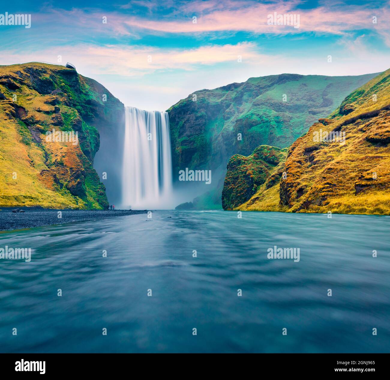 Breathtaking morning view of Skogafoss Waterfall. Fabulous summer landscape of Skoga river. Spectacular  outdoor scene of Iceland, Europe. Beauty of n Stock Photo