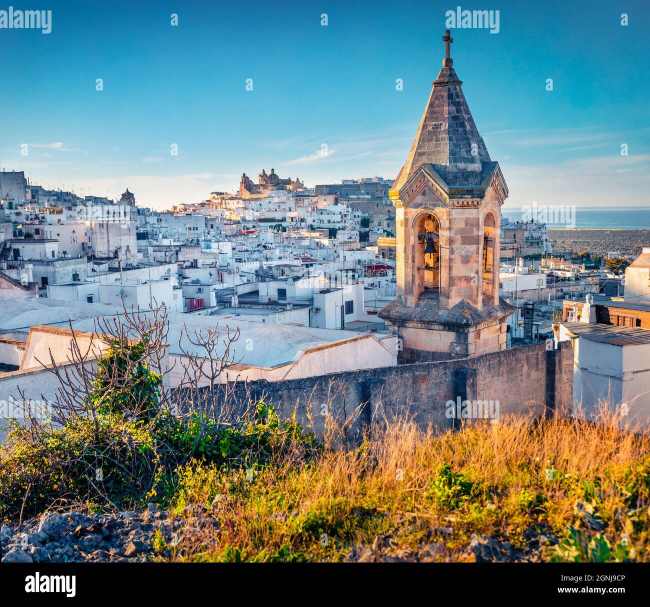 Astonishing morning cityscape of Ostuni town. Picturesque outdoor scene of  Apulia region, Italy, Europe. Traveling concept background. Stock Photo