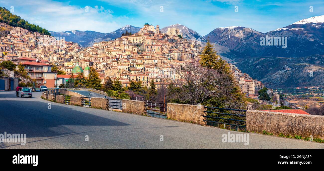 Panoramic summer cityscape of Morano Calabro town. Picturesque morning scene of  Italy, Europe. Beautiful world of mediterranean countries. Traveling Stock Photo