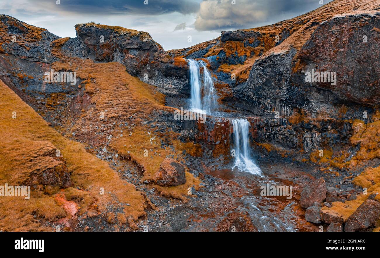 Drone view incredible icelandic waterfall hi-res stock photography and ...