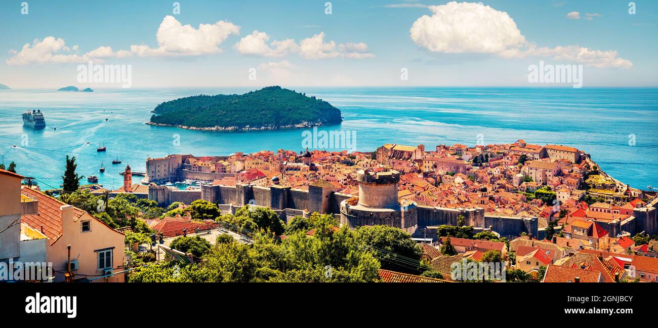 Panoramic morning view of Dubrovnik city. Spectacular summer scene of Croatia, Europe. Beautiful world of Mediterranean countries. Traveling concept b Stock Photo