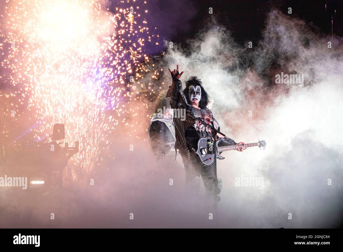 September 25, 2021, Chula Vista, California, USA: Gene Simmons of the band Kiss performs live onstage during their End of the Road World Tour. (Credit Image: © K.C. Alfred/ZUMA Press Wire) Stock Photo