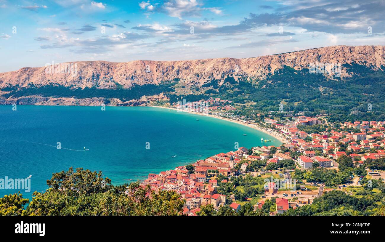 View from flying drone of Bashka town. Attractive summer seascape of Adriatic sea, Krk island, Kvarner bay archipelago, Croatia, Europe. Beautiful wor Stock Photo