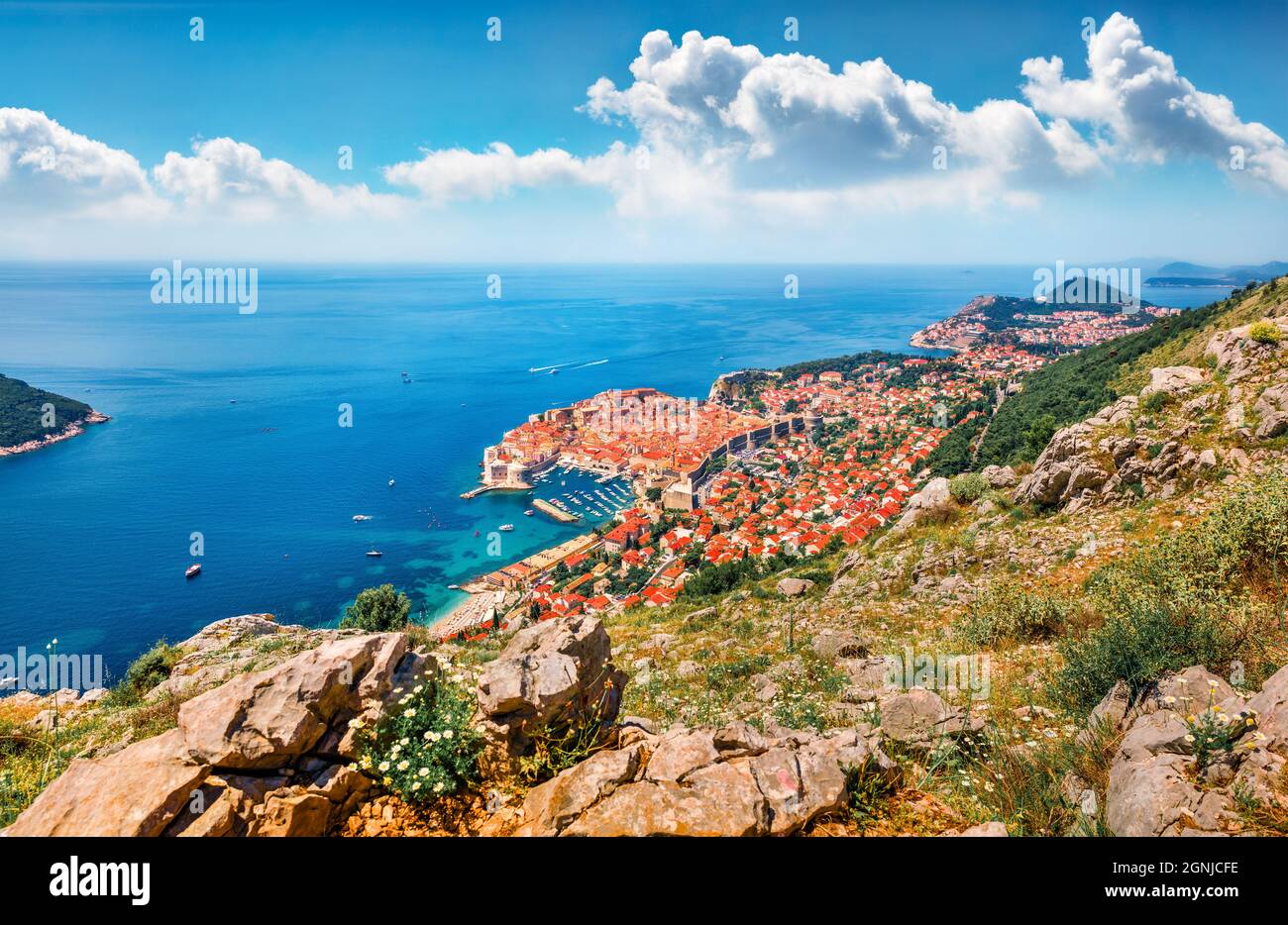Incredible morning view of Dubrovnik city. Magnificent spring scene of ...
