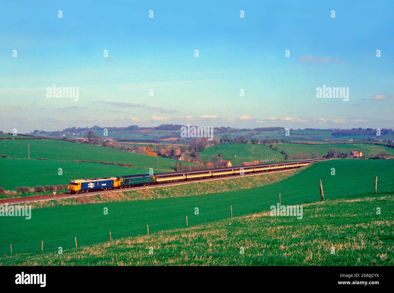 A pair of Class 50 diesel locomotives numbers 50050 and 50007  working an enthusiast railtour at Milborne Wick on the 26th March 1994. Stock Photo