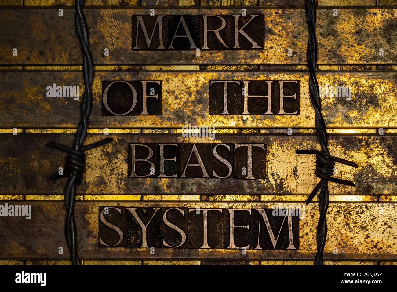 Mark of the Beast System text on textured grunge copper and vintage gold background Stock Photo
