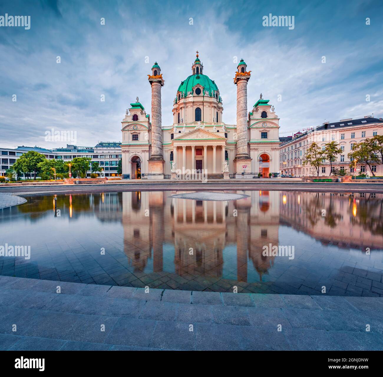 Dramatic spring view of baroque church Karlskirche (St. Charles's Church), the most outstanding baroque church in Vienna. Splendid morning scene of ca Stock Photo