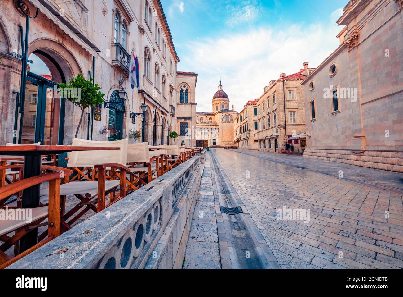Early morning view of  Palace. Empty street of popular tourisd destination - Dubrovnik Old Town. Picturesque summer scene of Croatia, Europe. Beautifu Stock Photo
