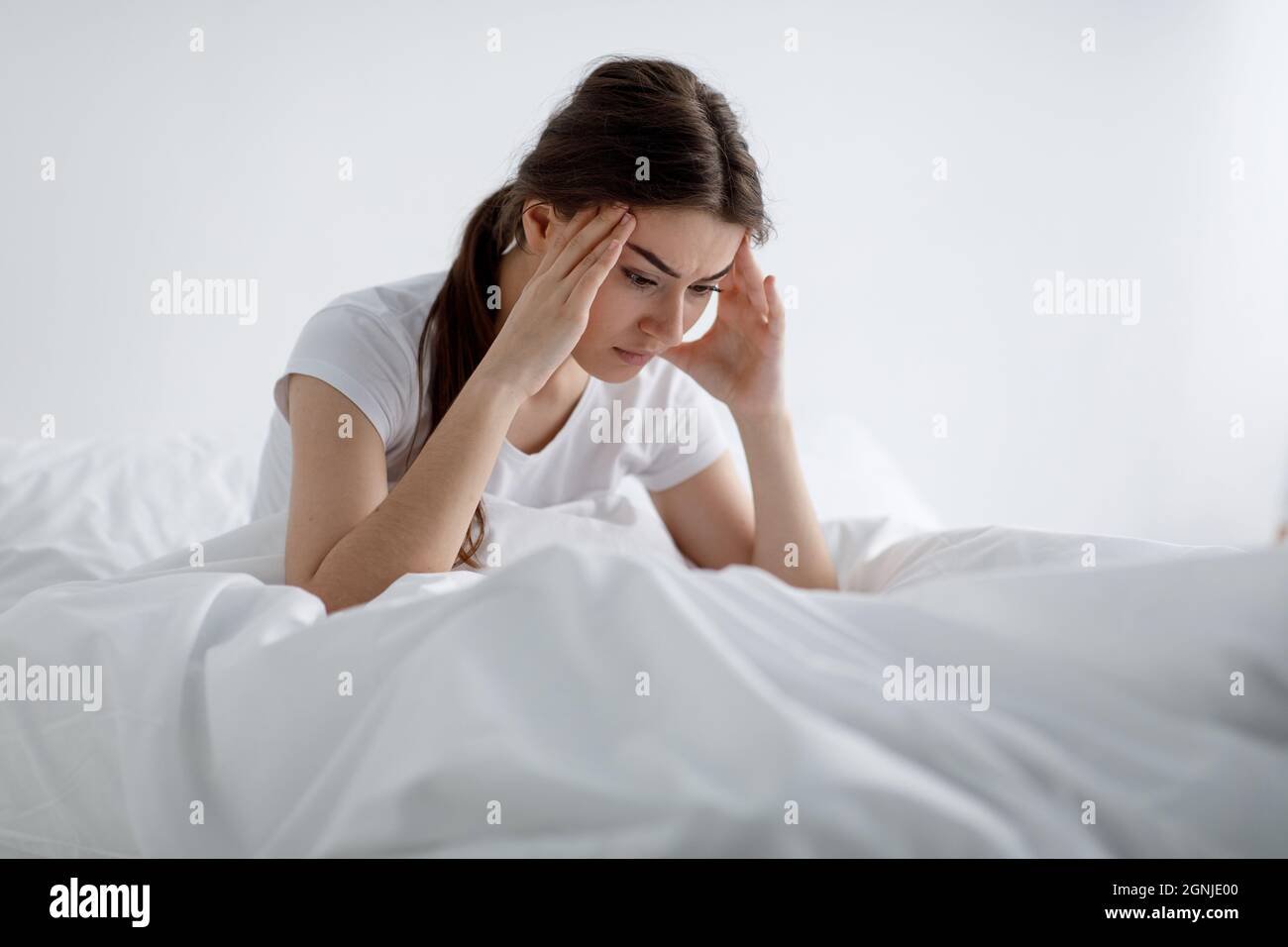 Depressed tired upset millennial attractive european female cant sleep