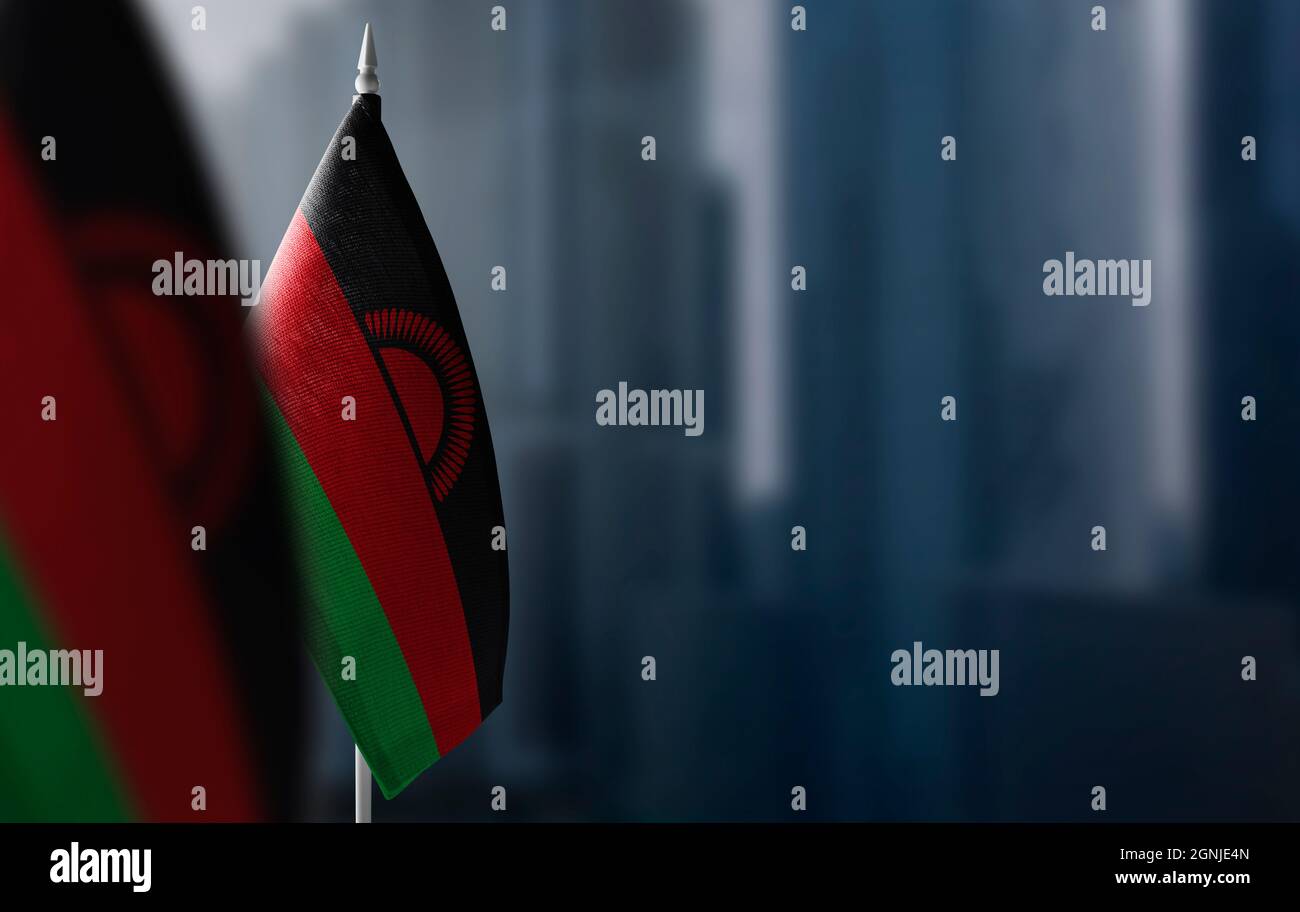 Small flags of Malawi on a blurry background of the city Stock Photo