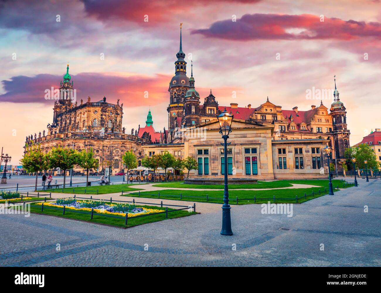 Impressive evening view of residence of electors and kings of Saxony in Dresden. Colorful sunset in Dresden, Germany. Castle or Royal Palace (Dresdner Stock Photo