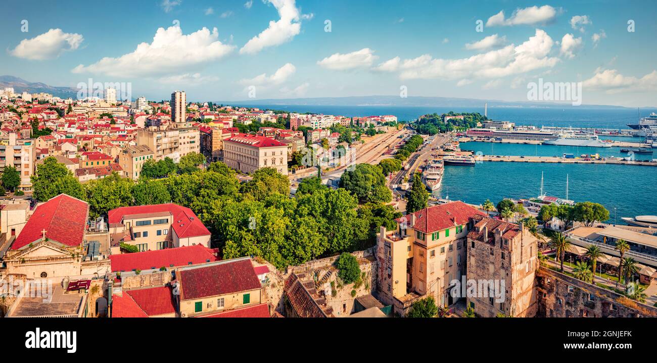 Aerial summer cityscape of Split city. Attractive morning scene of Croatia, Europe. Beautiful world of Mediterranean countries. Traveling concept back Stock Photo