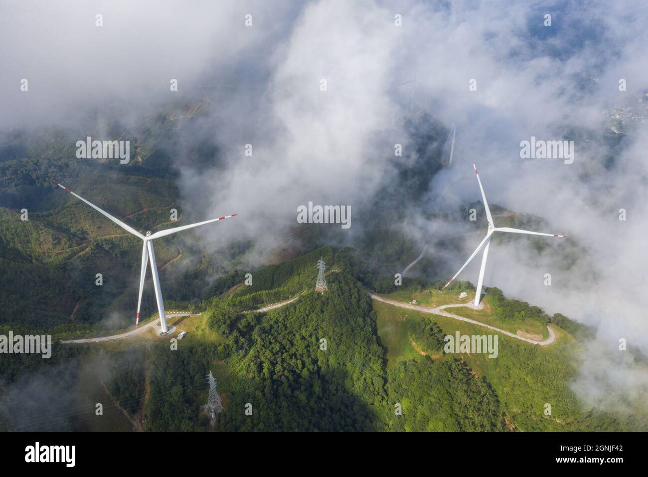 Cenxi, Cenxi, China. 26th Sep, 2021. On September 25, 2021, at the China Guangdong Nuclear Power Wind Farm on the ridge southeast of Dalong Town, Cenxi City, Wuzhou City, Guangxi Province, the green hills and green hills, 15 wind power generators set against the clouds and the countryside, formed a beautiful green picture.In recent years, Cenxi City, Wuzhou, Guangxi has deeply practiced the concept of ecological priority and green development, vigorously developed the wind power industry, promoted the construction of green and clean energy, and formed a wind power corridor integrating wi Stock Photo