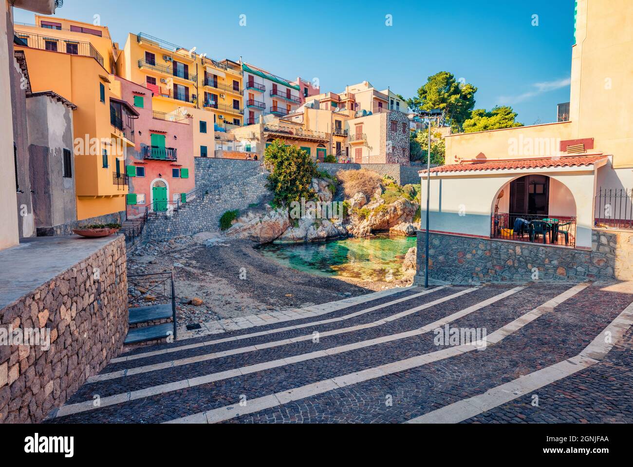 Stunning spring cityscape of Sant' Elia village. Bright morning scene ...