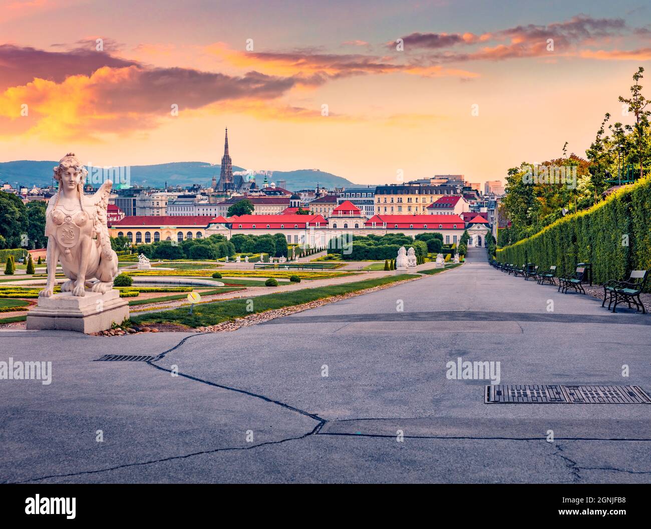 Beautiful summer scene of famous Belvedere park, built by Johann Lukas von Hildebrandt for Prince Eugene of Savoy. Great sunrise in Vienna with Maria Stock Photo