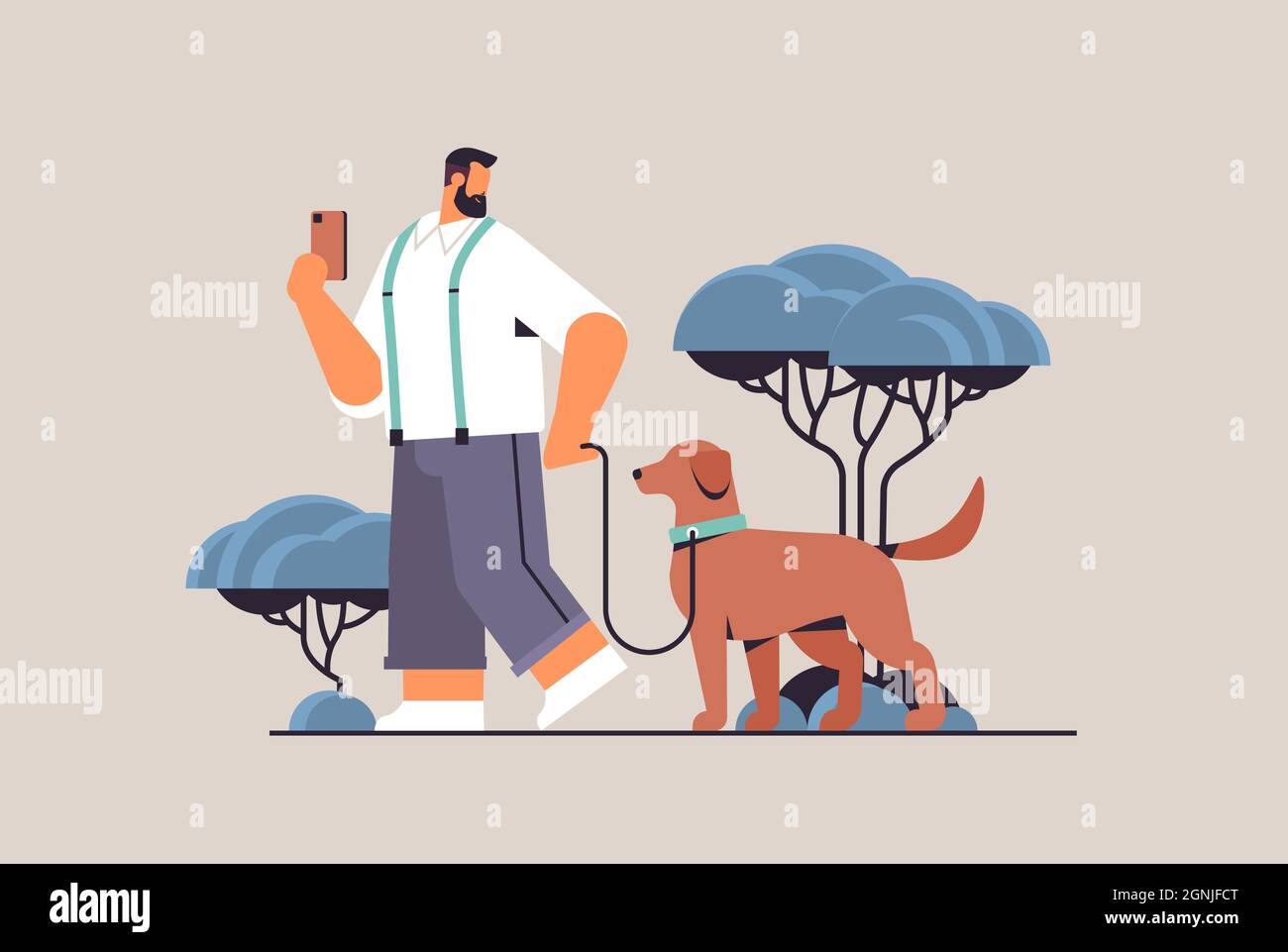 young man walking with dog male owner and cute domestic animal ...