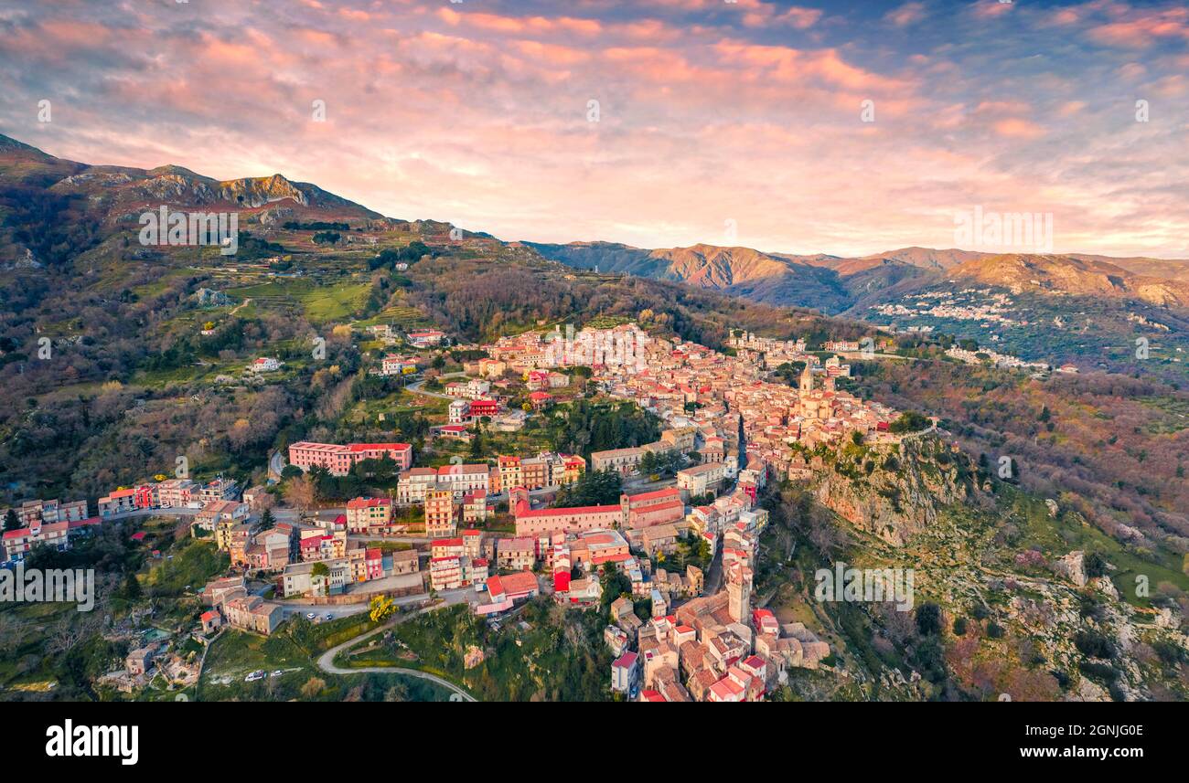 View from flying drone. Amazing spring cityscape of Novara di Sicilia town.  Aerial morning view of Sicily, Italy, Europe. Beautiful world of Mediterra  Stock Photo - Alamy