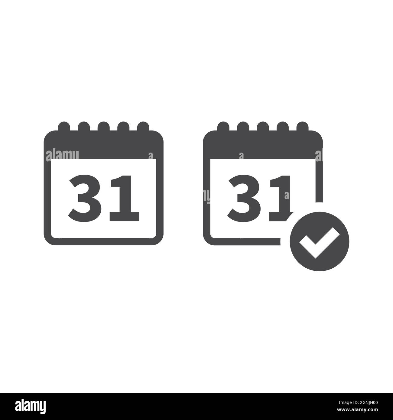 Calendar with date black vector icon. 31st page and tick checkmark. Stock Vector