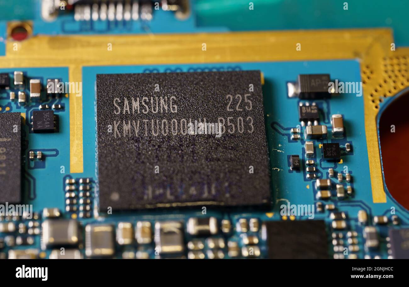Barcelona, Spain. September 2021: Close-up of a Samsung microprocessor Stock Photo