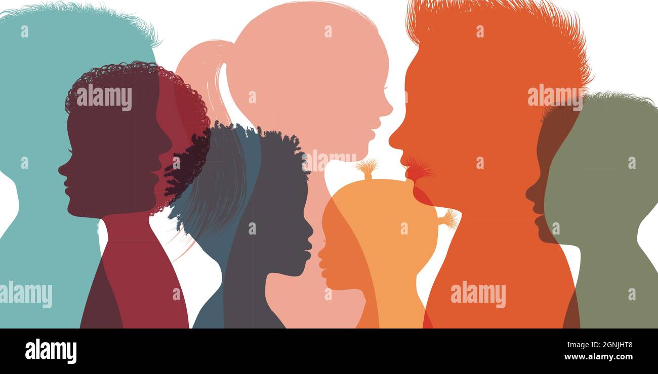 Heads faces colored silhouettes multicultural and multiethnic diversity children in profile. Concept of study education and learning. Kindergarten Stock Vector