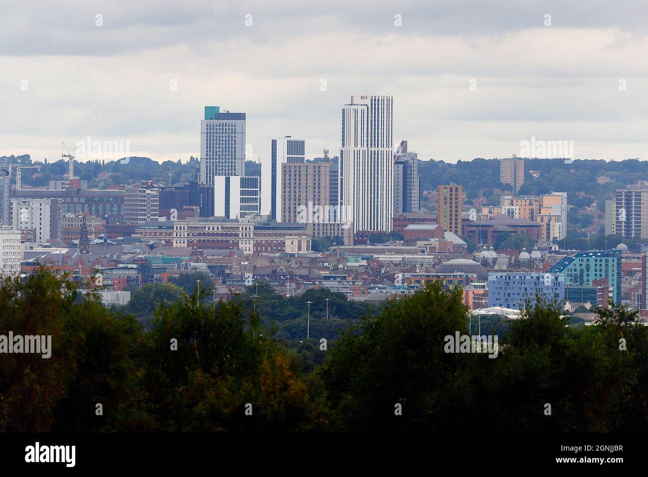 Leeds City Centre viewed from Middleton. Sky Plaza building (left) is 106m & Altus House (right) is 116m & is now Yorkshire's tallest building. Stock Photo